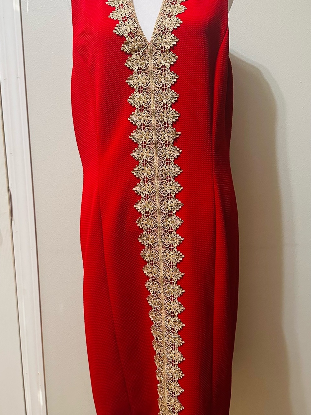Pappagallo Red Midi Dress with Gold Lace Center Trim